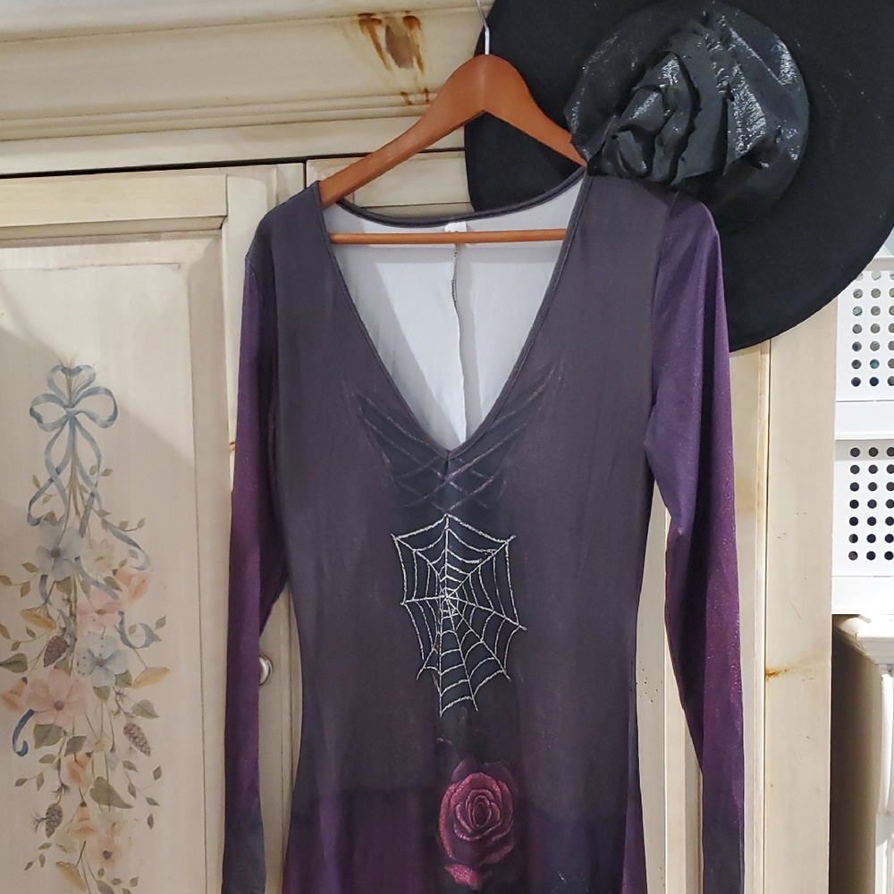 Witch Costume Hat Purple Long Sleeve Dress W/Spider Hand/Bat Pendant/ Earrings